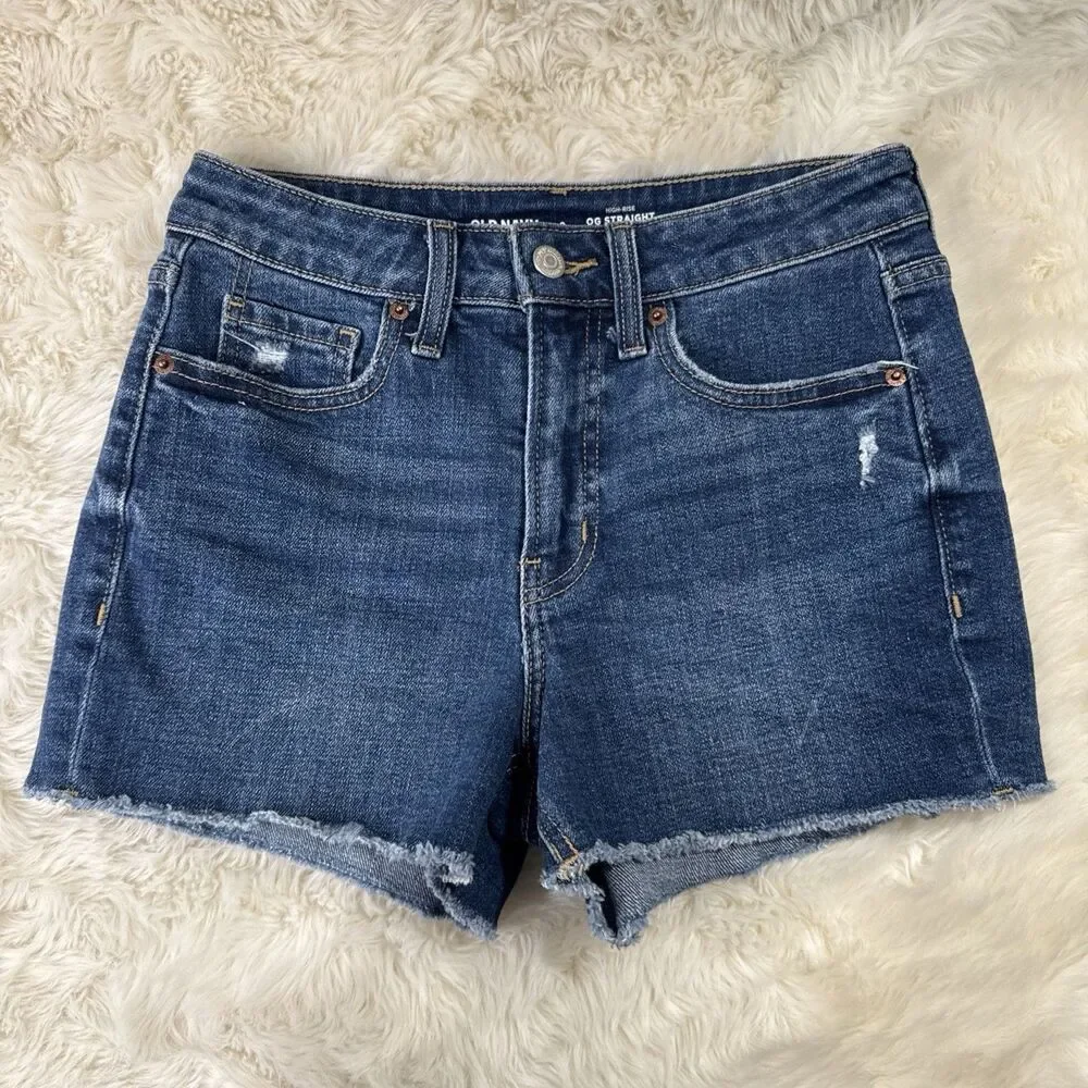 Old Navy High Rise OG Straight Shorts 0 (W26 Inseam 2.5) Blue Distressed Womens